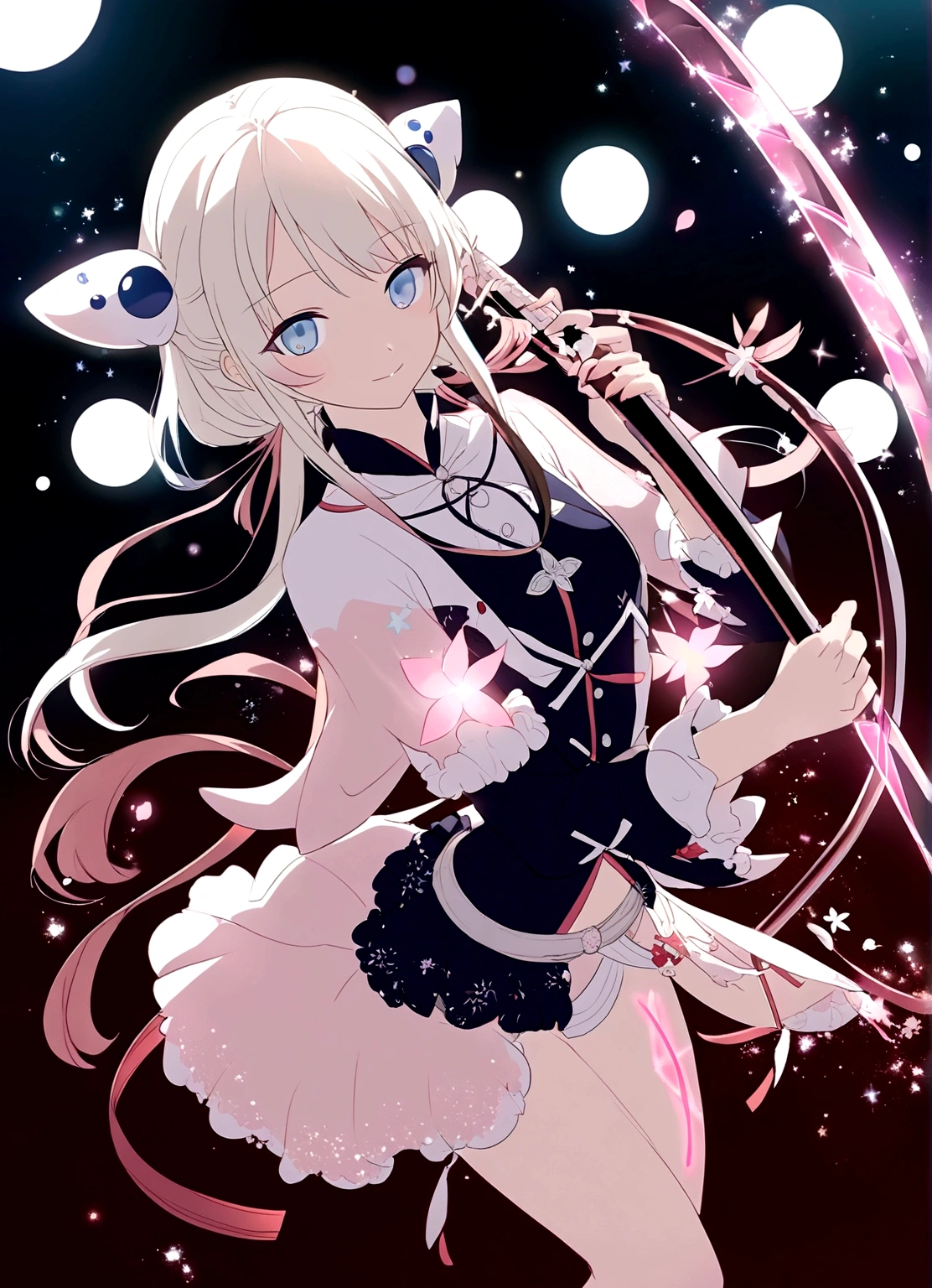 Anime-style female, (long white hair:1.2), (gentle expression:1.1), blue eyes, (pink sparkles effect around body:1.3), sunlight reflecting, clear sky, subtle Sakura petals around the body, high-resolution digital art, soft color palette, tranquil atmosphere, (serene ocean background:1.1), long whip sword.