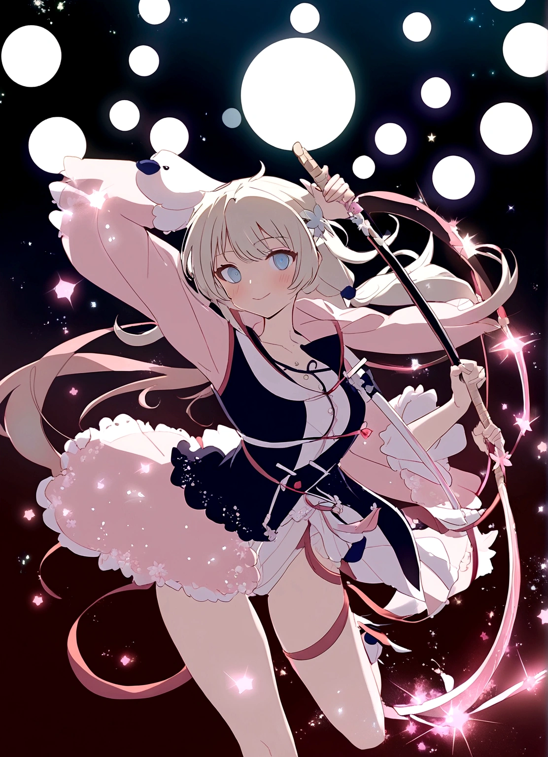 Anime-style female, (long white hair:1.2), (gentle expression:1.1), blue eyes, (pink sparkles effect around body:1.3), sunlight reflecting, clear sky, subtle Sakura petals around the body, high-resolution digital art, soft color palette, tranquil atmosphere, (serene ocean background:1.1), long whip sword.