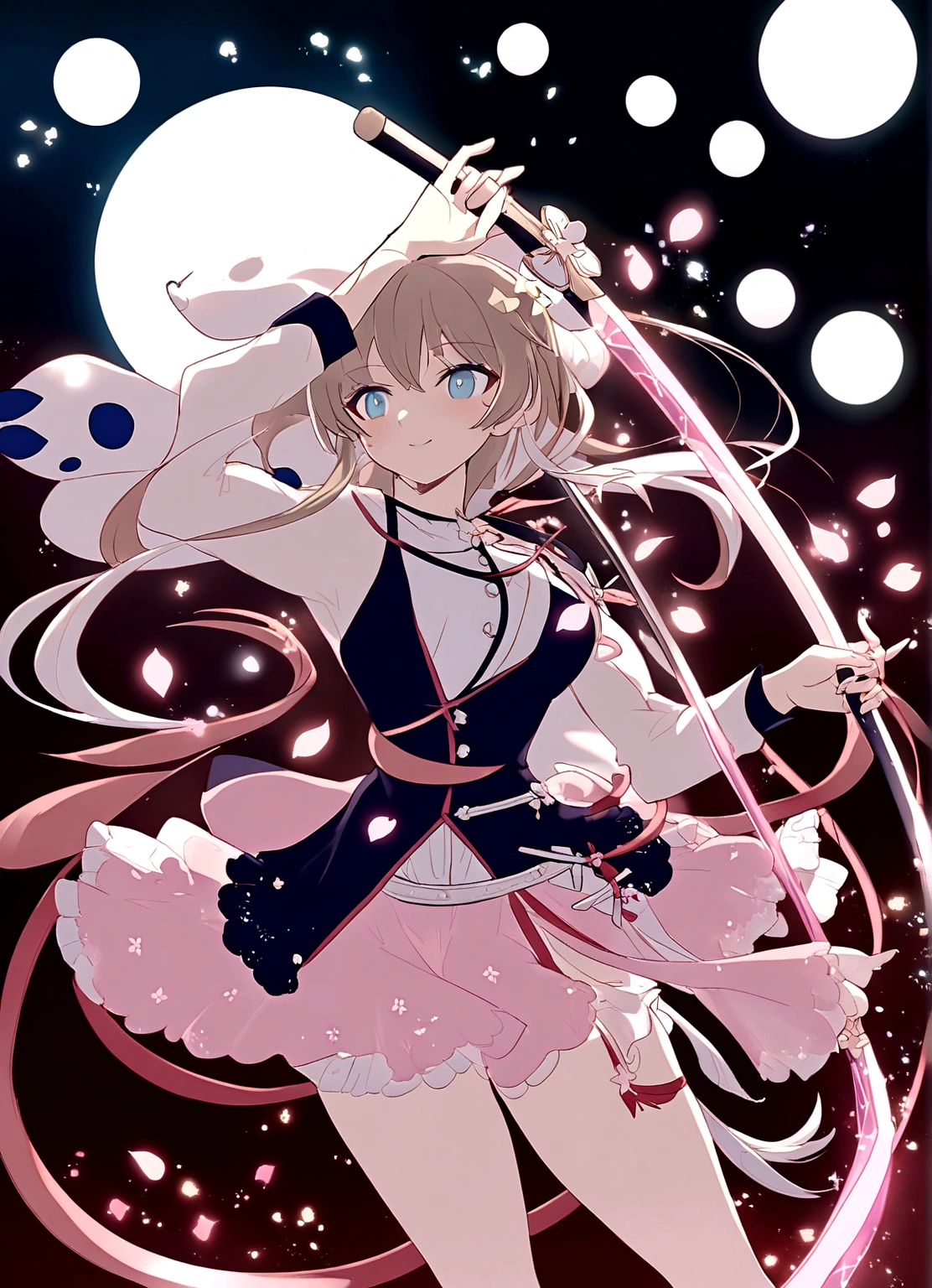 Anime-style female, (long white hair:1.2), (gentle expression:1.1), blue eyes, (pink sparkles effect around body:1.3), sunlight reflecting, clear sky, subtle Sakura petals around the body, high-resolution digital art, soft color palette, tranquil atmosphere, (serene ocean background:1.1), long whip sword.

