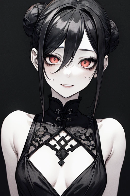 Top quality, (background details), beautiful line drawing, monochrome drawing, black and white drawing, high contrast, very beautiful girl, detailed original illustration, Chinese style, Chinese clothes, red under eye color, dark circles under eyes, hair in a bun, black hair, horrible atmosphere, double teeth, devilish smile, crazy eyes, sensual, delicate face, high contrast Charm, bad girl, sexy, small breasts, small height, real breasts, close-up of head, black background, (black background: 1. 5)