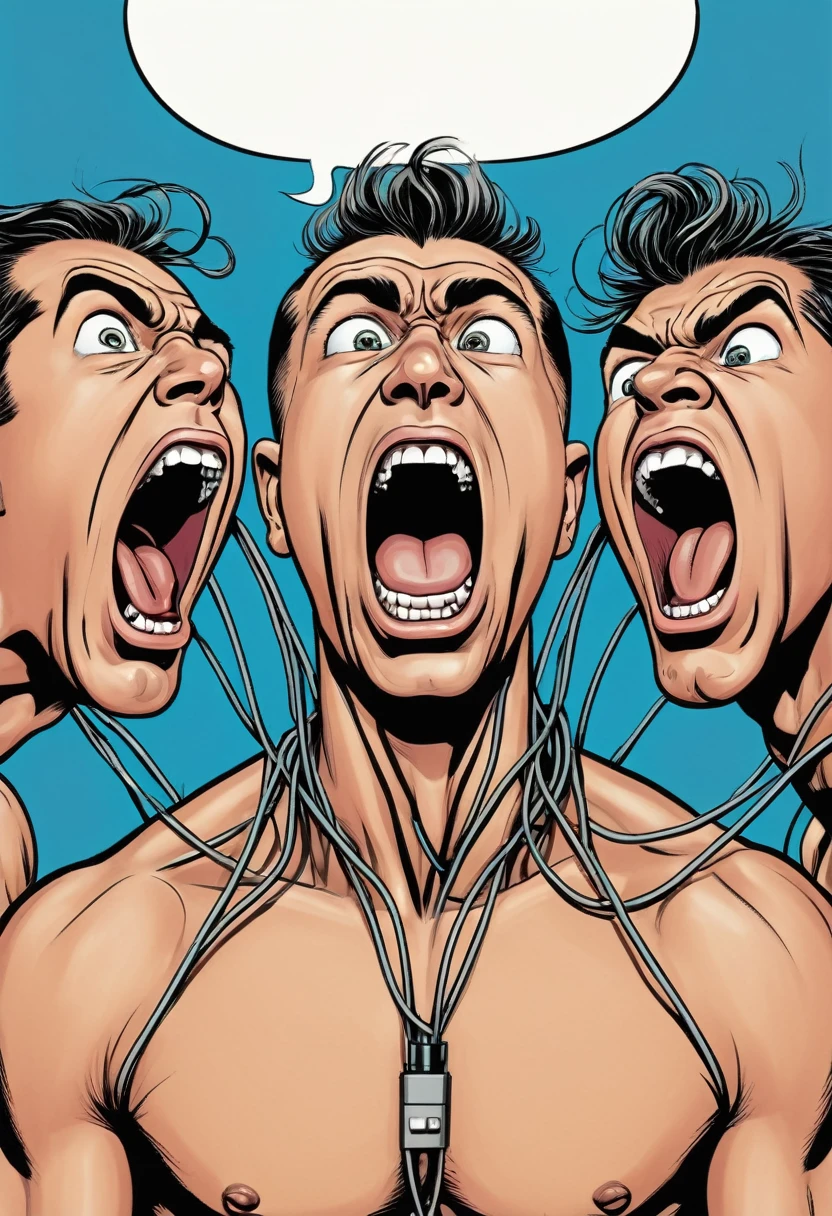 cartoon strip comic image of topless clothed group of three men screaming eyes wide open,mouth wide open and their scalp open and cerebrum is showing with wires leading to a big top hand
