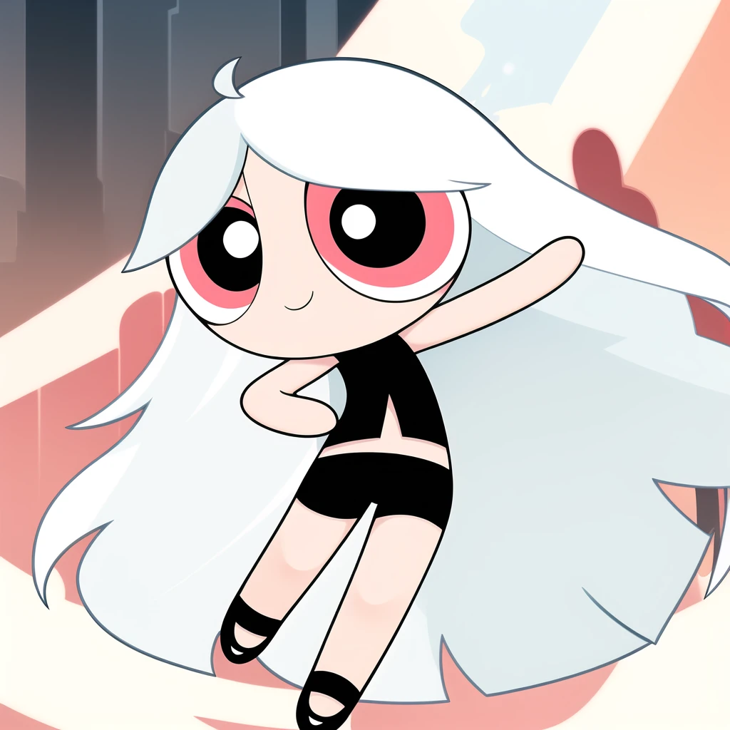 ((( white long hair,))) smile,chibi, full body,1girl, pinkish red eyes, Black short-sleeved shirt showing off your stomach, black shorts