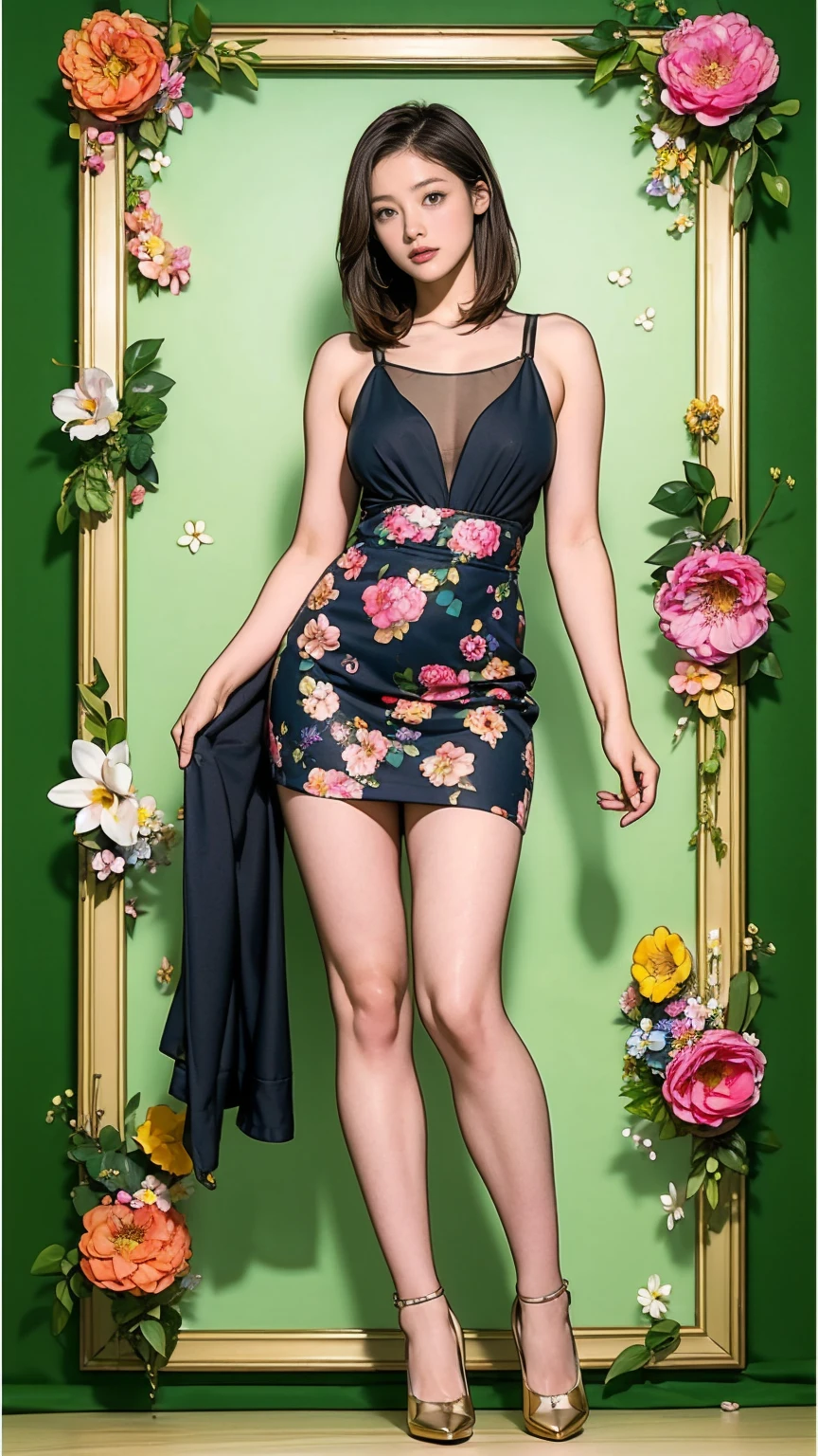 ((masterpiece)),(((Highest quality))),((Character design sheet)),Thin thighs,Long legs,whole body:1.5,(One Girl:1.3),(Black pantyhose and thick pointy heels:1.3),(Wearing a floral and plant patterned mini skirt dress:1.2),Short blonde:1.2、Model pose,Floral and botanical background:1.5,Pull up your miniskirt:1.5,Pull up your clothes to reveal your underboobs:1.5,Showing off your bra:1.5,Slender figure:1.5,