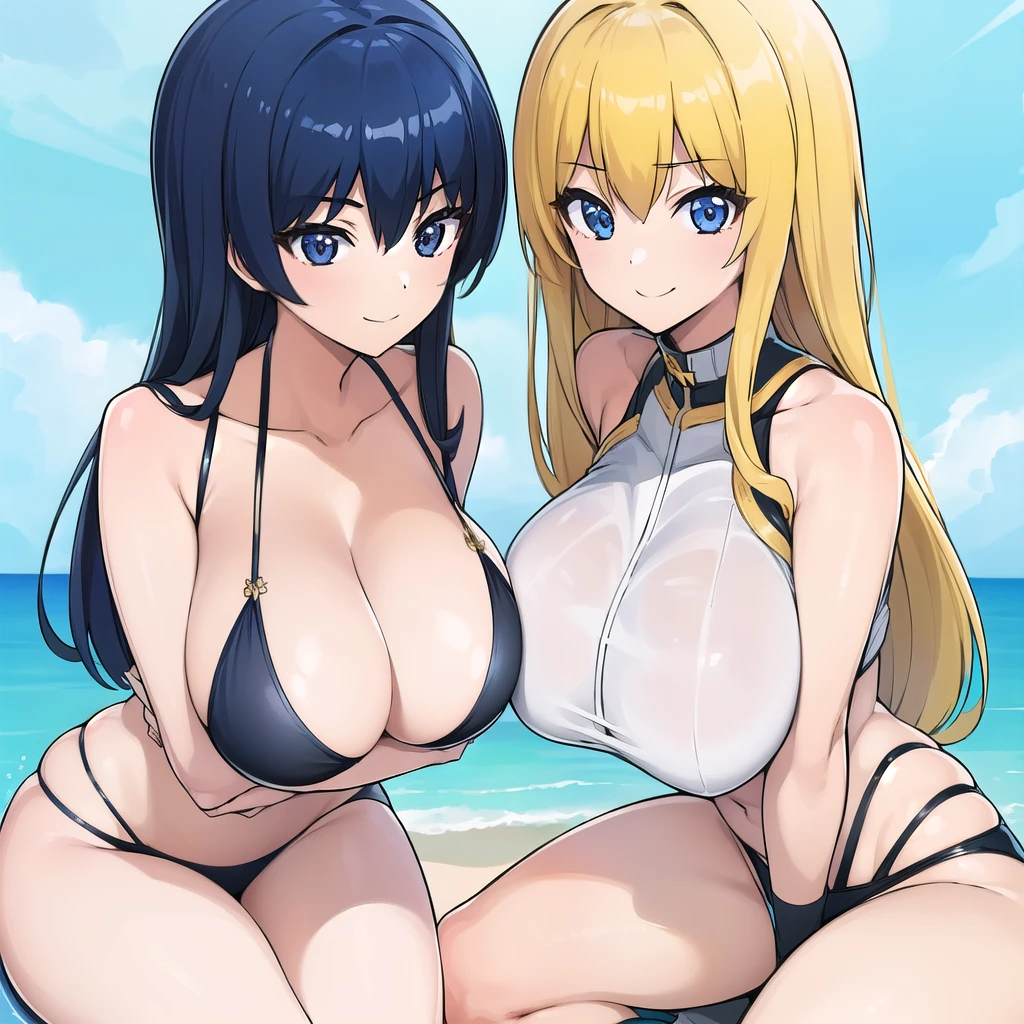 2girls,Super detailed、masterpiece,long hair,huge breast,((レースクイーンコスチューム)),smile,bare shoulder,squatting,looking at the camera,Spread your legs