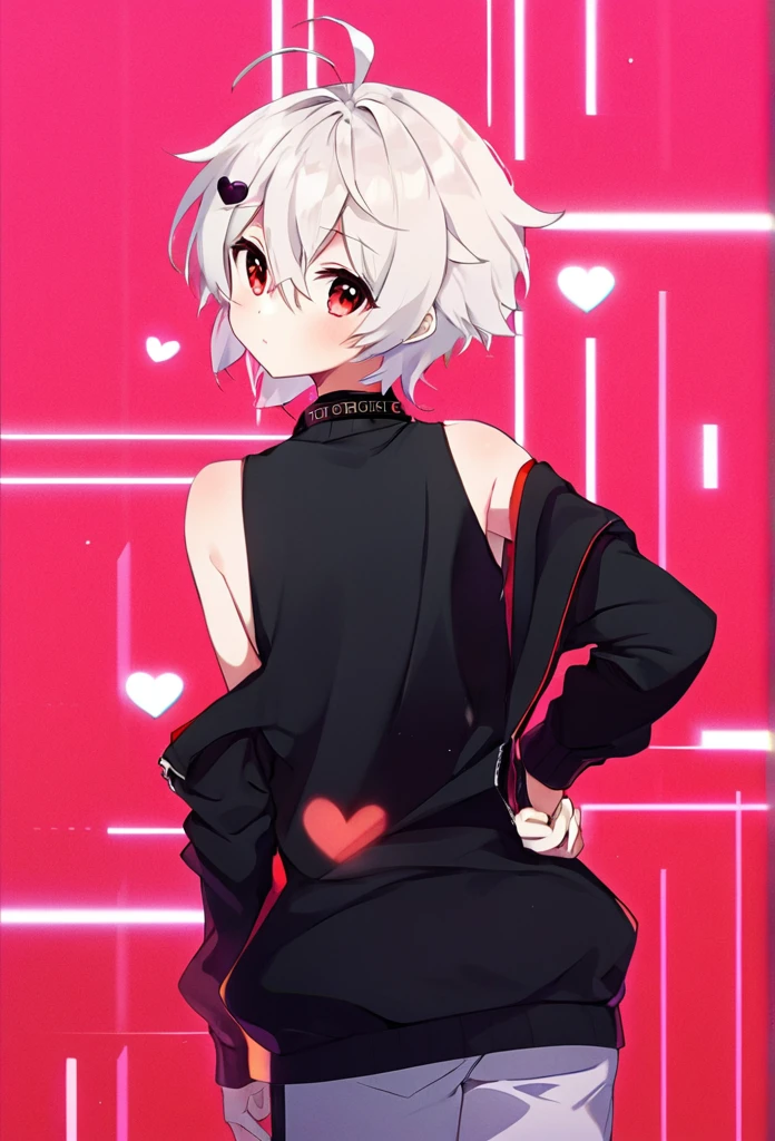 (arte anime, work of art, best qualityer, 4K, Icon), Tall and Very Handsome Elf Boy, Short White Hair, Stellar Red Eyes, Cute Bat Wings Behind the Back in Pink, Fitted Body Blouse with Sleeveless Roll Collar in Black with Red Outline Zipper from Top to Bottom, Black Heart Choker, Black Sweatshirt Over Loose Elbow Length, Red Glitch Distorted Reality Background, masculine, elf boy, handsome male, highlight in the eyes, super verbose, cute pose.