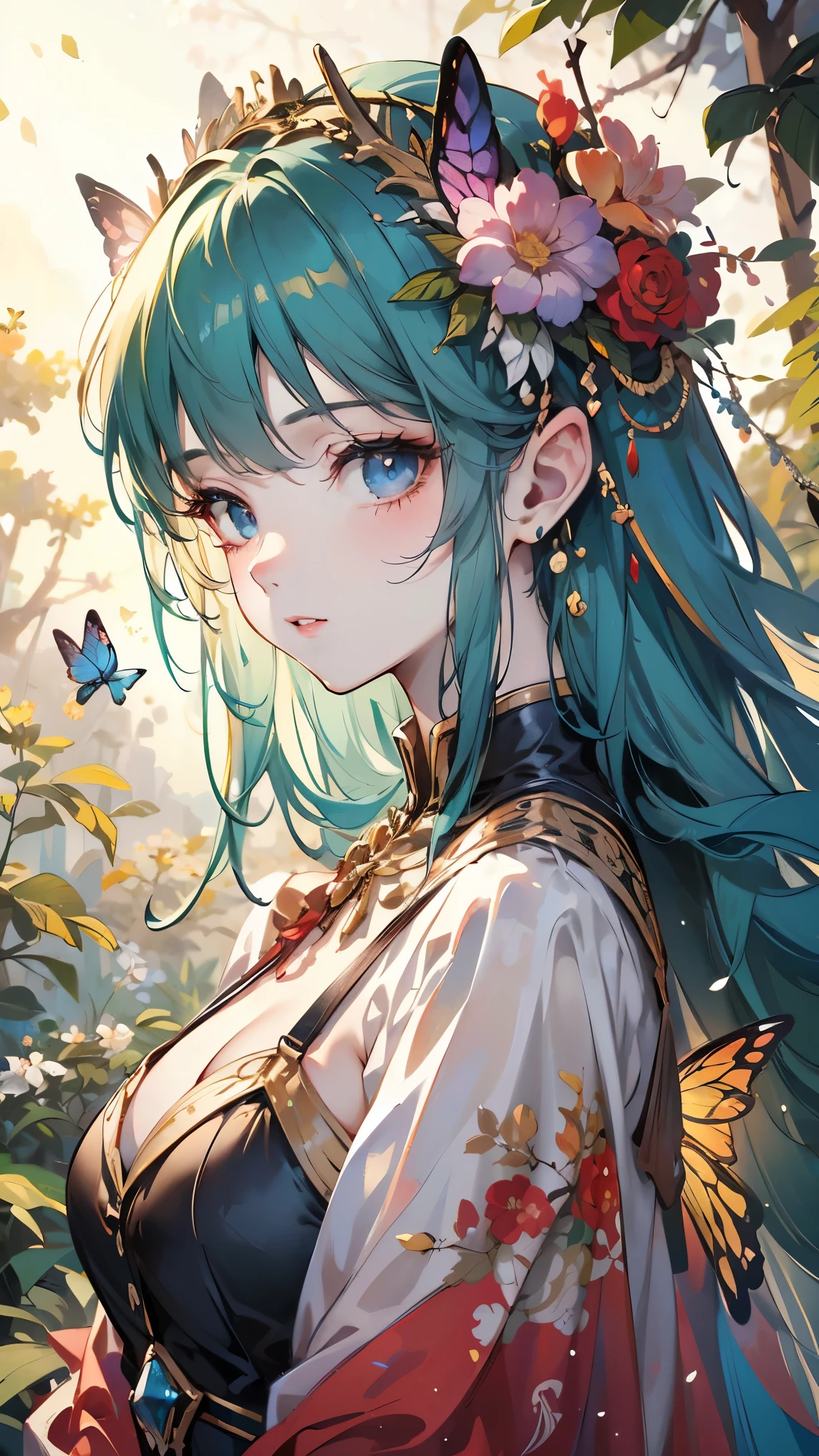 (best quality,4k,8k,highres,masterpiece:1.2),ultra-detailed,(realistic,photorealistic,photo-realistic:1.37),beautiful detailed eyes,beautiful detailed lips,extremely detailed eyes and face,long eyelashes,butterfly maiden,intricate butterfly wings,colorful butterfly wings,rich colors,vibrant colors,glowing skin,ornate headdress,flowing hair,elegant posture,floral background,nature elements,lush greenery,soft lighting,warm color palette