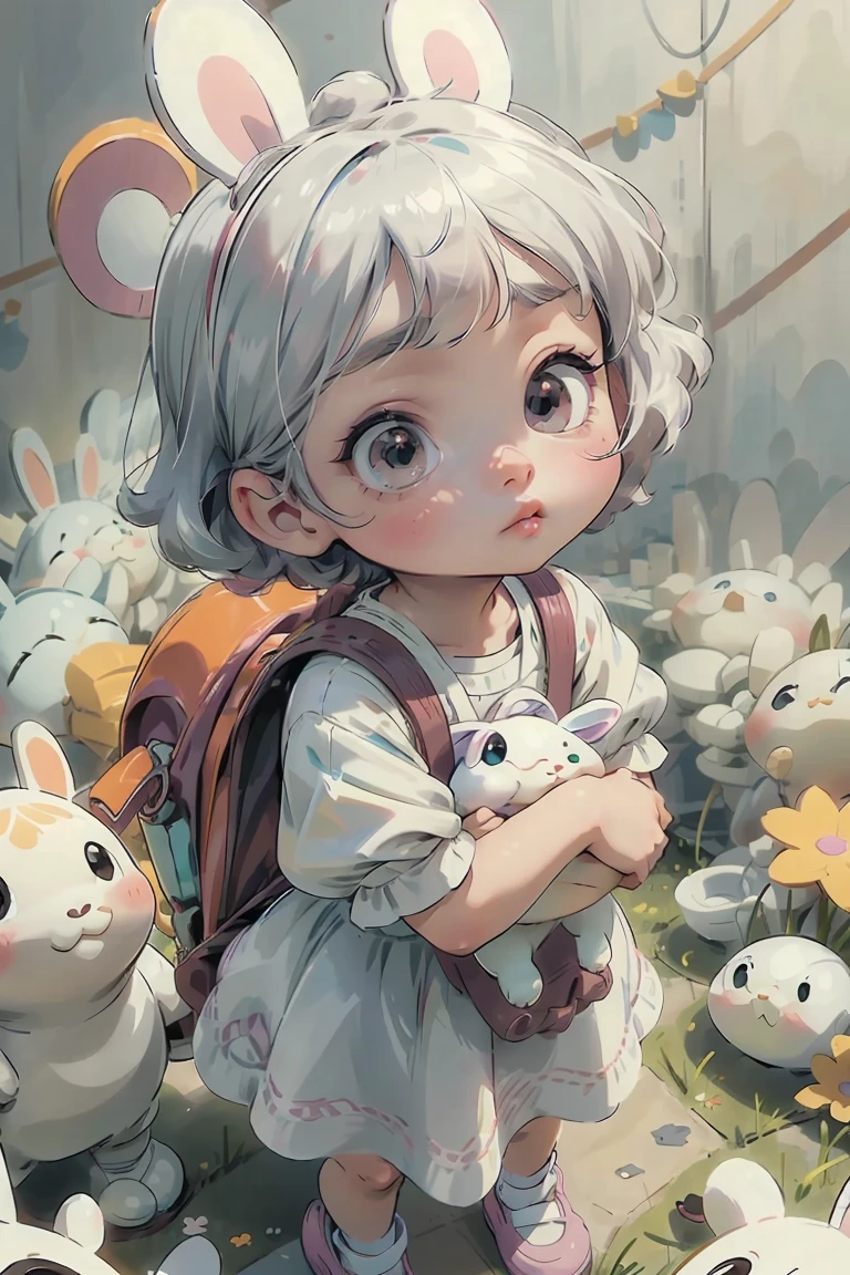 Girl, Big turquoise eyes, curious, shy, sweet face, clips in her hair, White Hair, She is a 10 year old girl with big turquoise curious eyes and white short hair, has a clip in her hair, wears a child's dress and white frilly children's socks and a bunny backpack. She is not a shy girl, clutching a little teddy tightly, hiding behind teddy. Background: Schoolyard, children playing, she stands apart, she is afraid of the other children