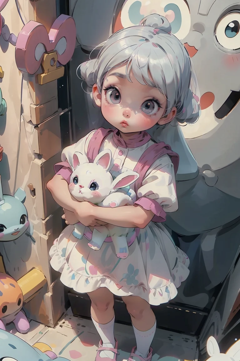 Girl, Big turquoise eyes, curious, shy, sweet face, clips in her hair, White Hair, She is a 10 year old girl with big turquoise curious eyes and white short hair, has a clip in her hair, wears a child's dress and white frilly children's socks and a bunny backpack. She is not a shy girl, clutching a little teddy tightly, hiding behind teddy. Background: Schoolyard, children playing, she stands apart, she is afraid of the other children