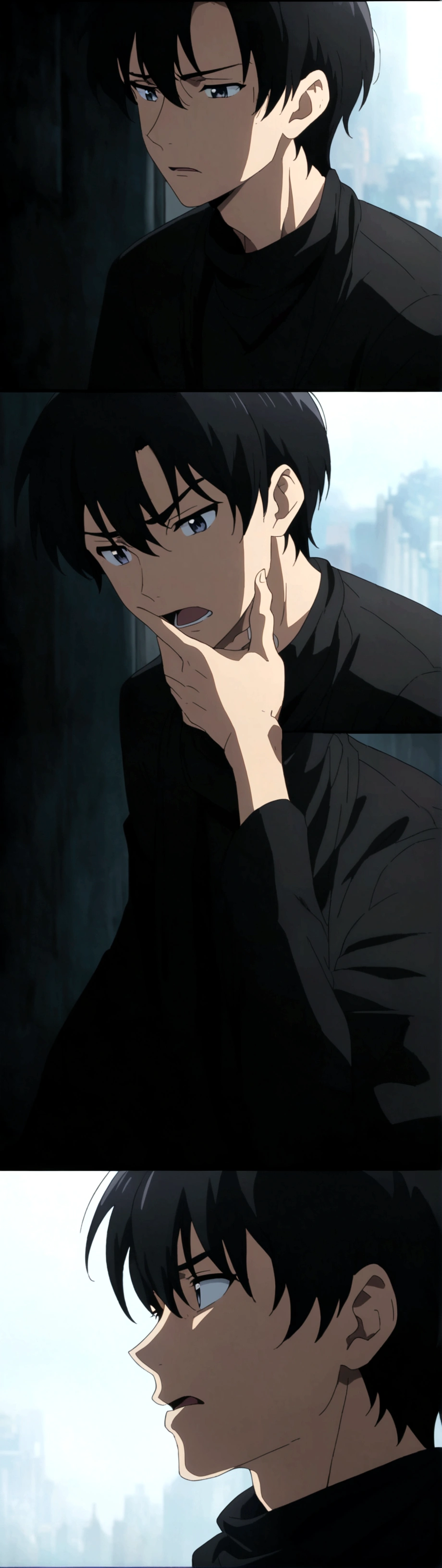 
I want a man wearing a black scarf that reaches his jaw and the end of his mouth. Black hair that reaches his neck and wearing a black shirt. He turns to the left of his hand, anime style, and shows half of his body.