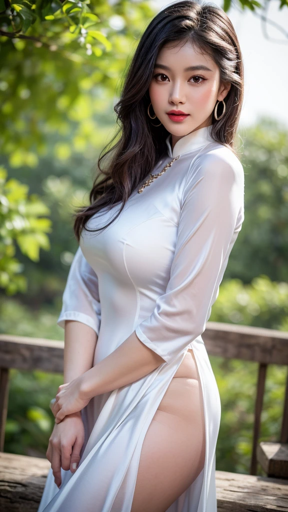 detailed body, attractive body, perfect human body, realistic face,
(ultimate quality, masterpiece, highres:1.0), realistic:1.6, photorealistic,
[8k UHD photos, UHD high quality photos, Super detailed and super clear images],
Close-up of 2 Vietnamese girl with a beautiful face and balanced body, leggy, round face, big round eyes, Charming smile, Red lips, long curly eyelashes, big dimples, pointed chin, plump face, Her face resembles Tuyet Linh, Tall and plump figure, wear panty inside, wear necklaces and earrings,
wearing a bright and white shiny satin silk ao dai, Two girls standing and kissing in forest, pose sexy,
Satin silk ao dai,view from side,