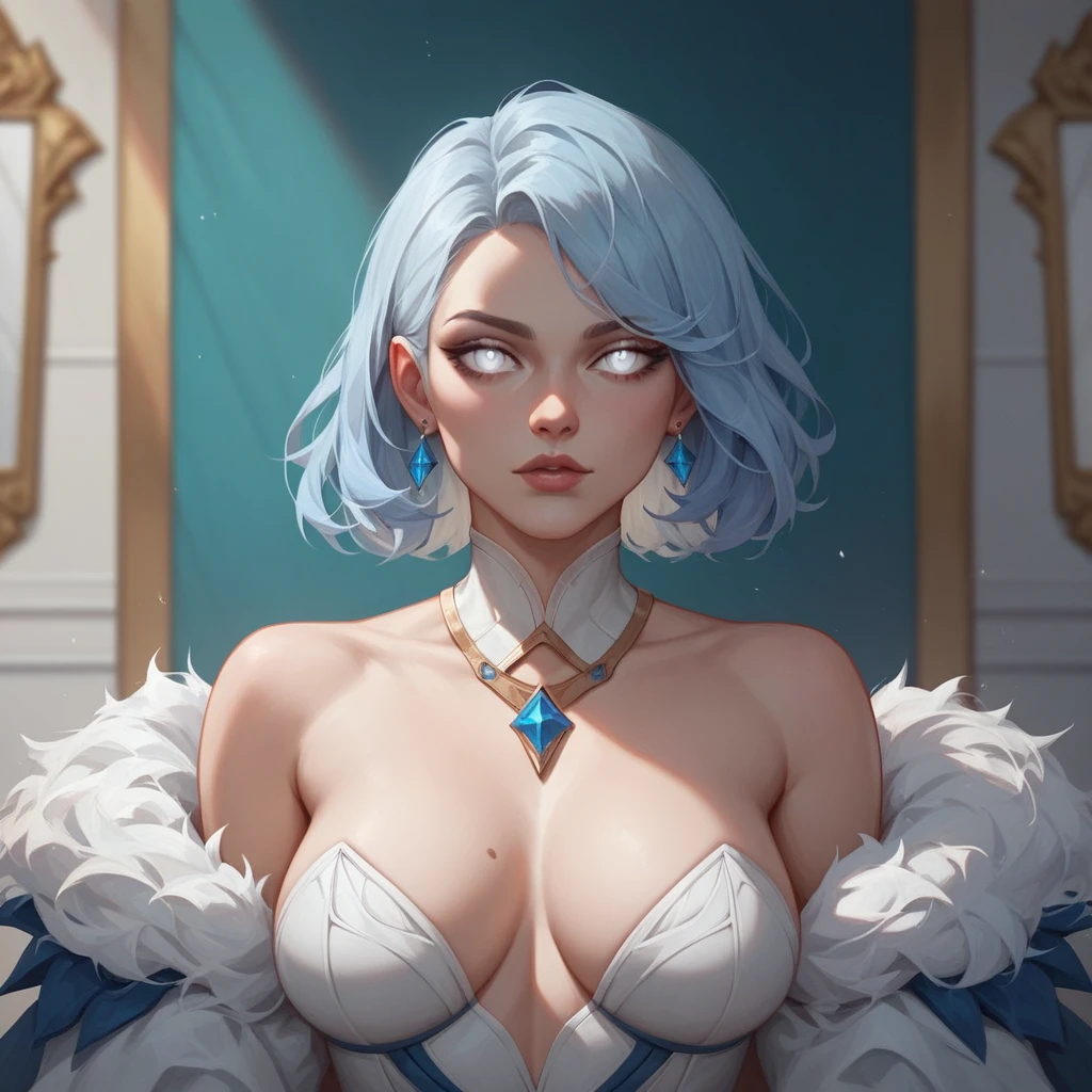 ,1 girl,White hair,(light blue hair),White eyes,medium hair,hair,bare breaus,masterpiece,best quality,very aesthetic,absurdres,front view,looking at viewer