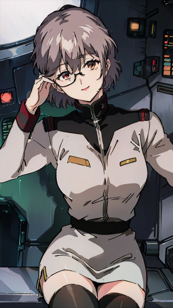 masterpiece, best quality, High resolution, Calm 1, 1 girl, alone, (Black_Stockings:1.1), army uniform, army, cosmetics, White shirt,  White Skirt, tight skirt, sitting, Upper Body, cockpit, space, Smile，Large Breasts，Sexy，Smile，red glasses，brown hair