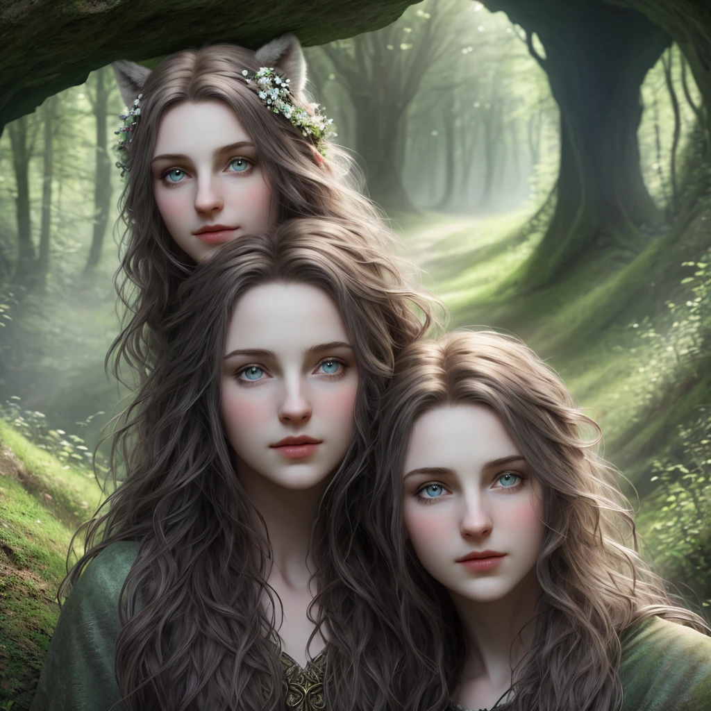 (Beautiful druid girl:1.3) Hugging a Wolf (Extremely detailed CG 8k unity wallpaper,work of art, best qualityer, ultra detali, beautiful detailed eyes:1.2),better lighting, (best shade, extremely delicate and beautiful, blossom), work of art, best qualityer:1.1, realisitic:1.3, cinematic lighting:1.2, in the dark cave:1.5, ultra photoreal, photorealisitic:1.0, sharp focus: