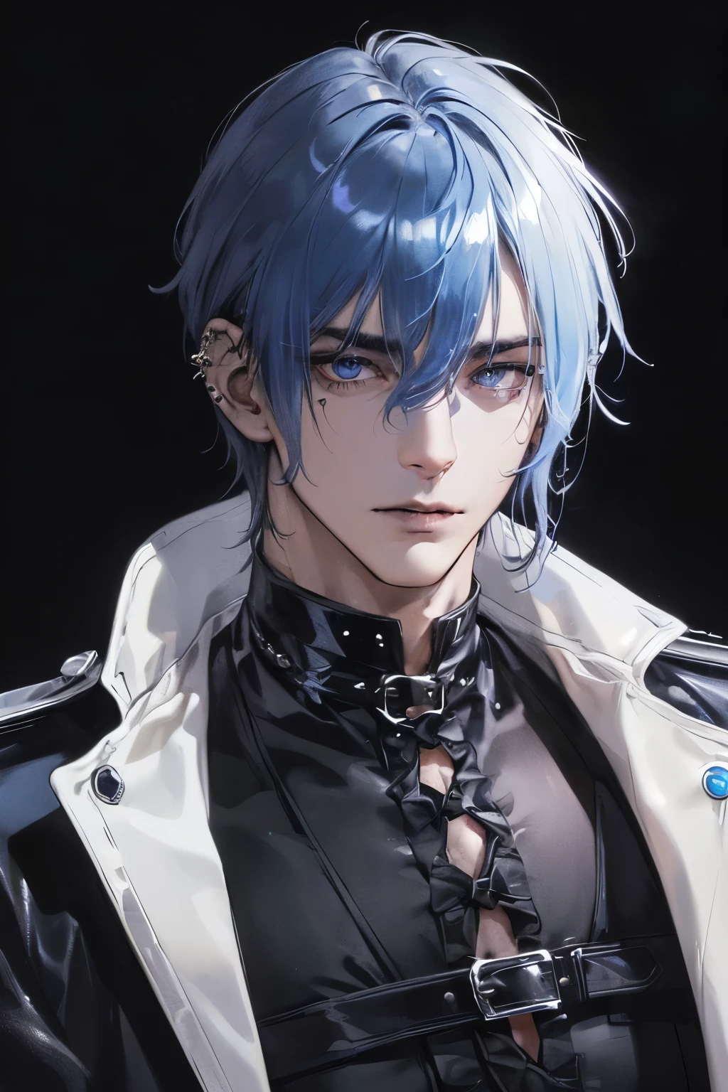 photography of a sexy man, a solo man, (((man))), (male face), 40 years, daemon, The Bad Guy, (Blue eyes), expressive look, blue hair, white bangs, black lips, (((piercing))), (ear piercing), (Gothic style), Japanese style, ((((visual))), (((dark background))), shiny hair, unshaven, black clothes, long-sleeved jacket, super detailed face, Perfect body, perfect shapes, realistic image, photo, award winning, 8 k, (((Perfect shiny eyes)))
