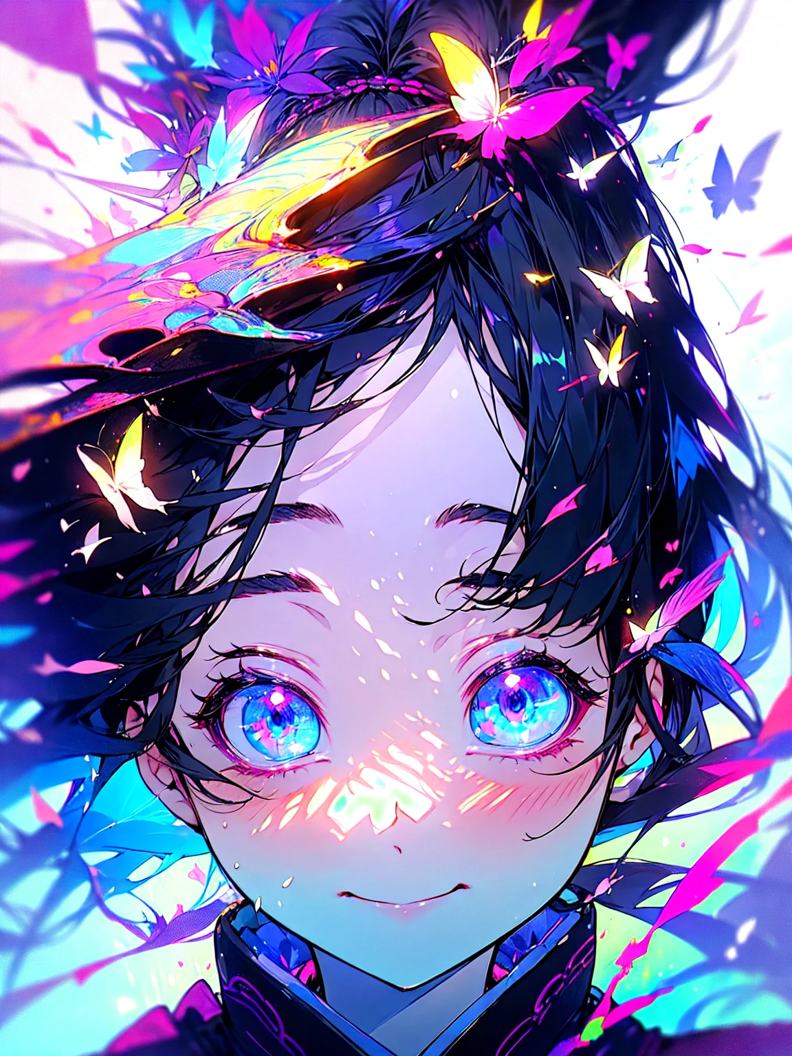 (beautifully、aesthetic:1.2)、(1 Girl:1.3)、(black hair:1.2)、Wearing a purple kimono、miracle、happinessそうな笑顔、like、happiness、Great space、Phalaenopsis flower、like情、likeに溢れる空間、