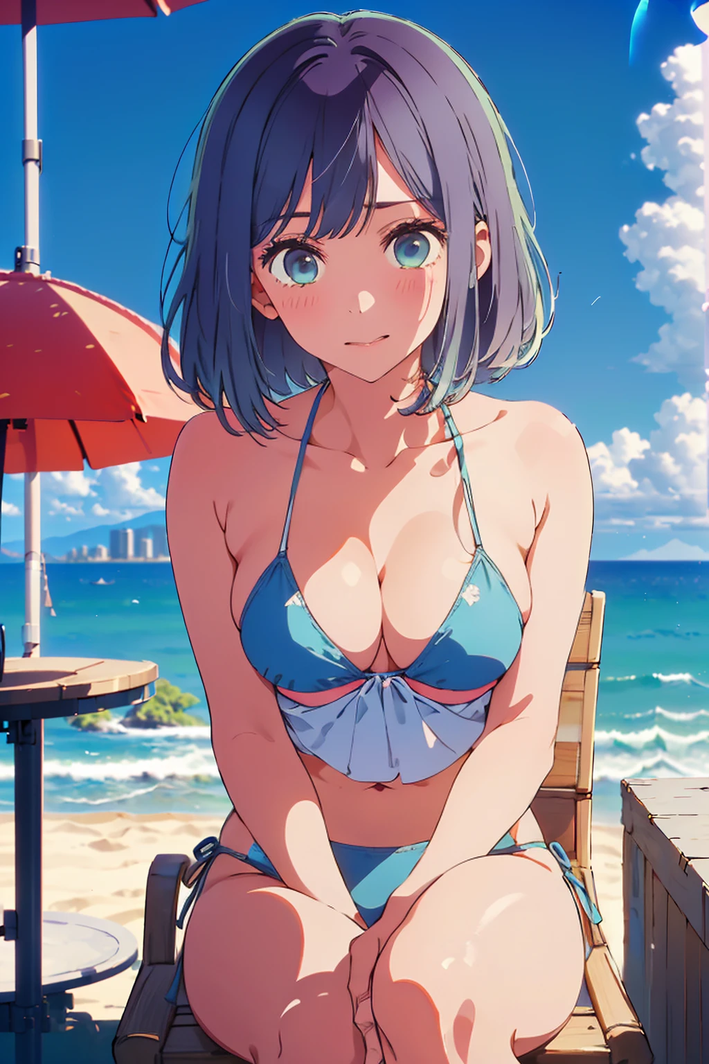 (Highest quality:1.4、masterpiece:1.4、Super detailed:1.4、8K:1.4)、F cup bust、Big Breasts、Slim body、((((1 person、Surprised expression、sit、Chair、In the background are the urban buildings of Tokyo、looking at the camera、Outdoor café terrace、coastal、Navy hair color、Very cute face))))、(Pose of putting hair behind ears with hands:1.4）、((nude、Areola、bikini))、Very blue sky、A completely cloudless sky、Big eyes、((((Shallow depth of field))))、Pink Lips