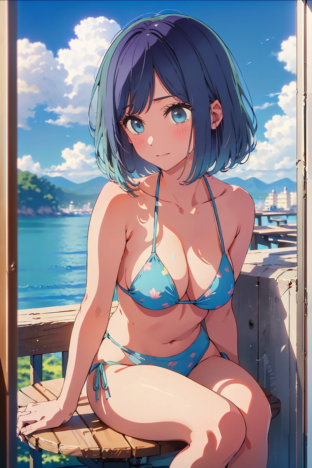 (Highest quality:1.4、masterpiece:1.4、Super detailed:1.4、8K:1.4)、F cup bust、Big Breasts、Slim body、((((1 person、Surprised expression、sit、Chair、In the background are the urban buildings of Tokyo、looking at the camera、Outdoor café terrace、coastal、Navy hair color、Very cute face))))、(Pose of putting hair behind ears with hands:1.4）、((nude、Areola、bikini))、Very blue sky、A completely cloudless sky、Big eyes、((((Shallow depth of field))))、Pink Lips