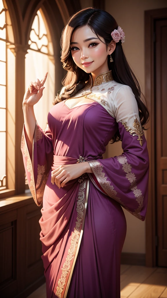 The woman in the kebaya raises her right thumb while smiling