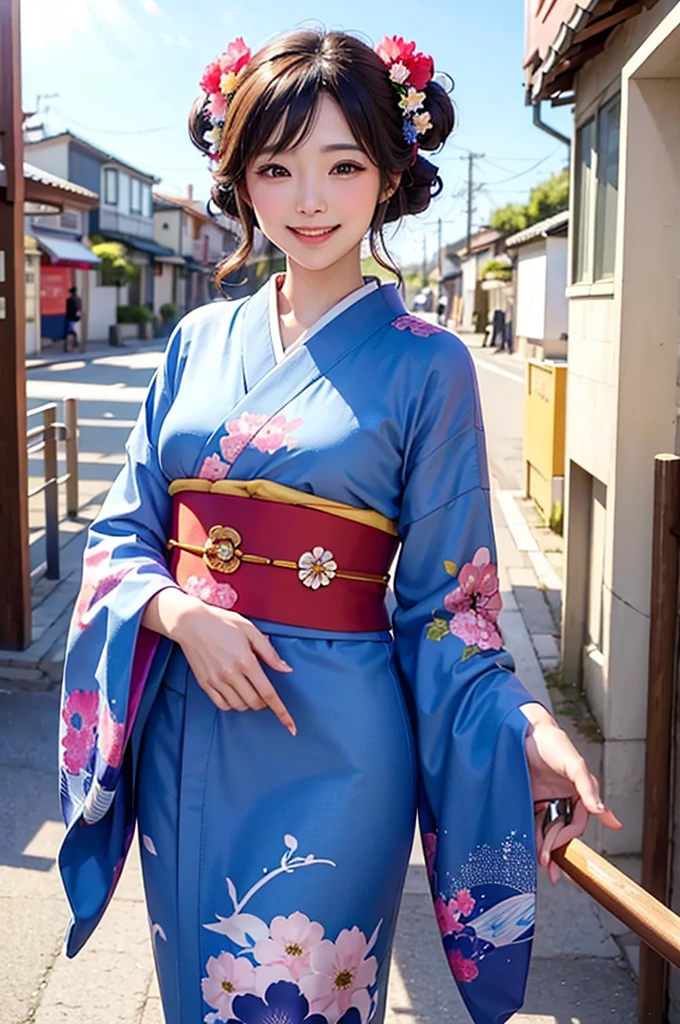 A beautiful smiling woman in a kimono greets people with a cheerful "Good morning" as her arms open under the blue sky