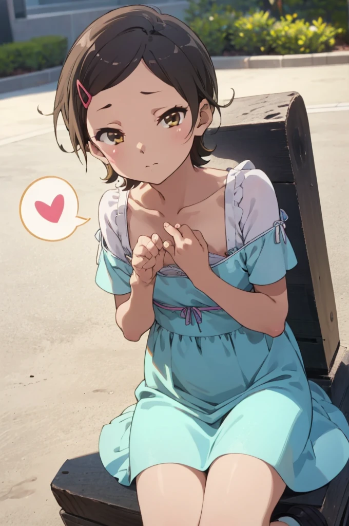 ,8yo,(ite), 1girl, looking at viewer, , hazuki katou,,,, ,park,,,(spoken heart),,flat chest,(expressionless),summer dress,nipple,perfect lighting,perfect shadow,