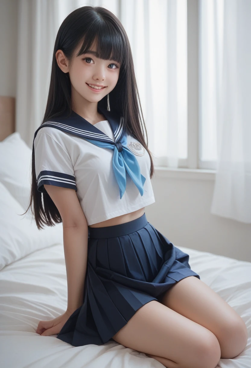 cute,,black hair,long hair,straight hair,with bangs,angelic smile,model,full breasts, skirt lift,on bed,summer sailor suit