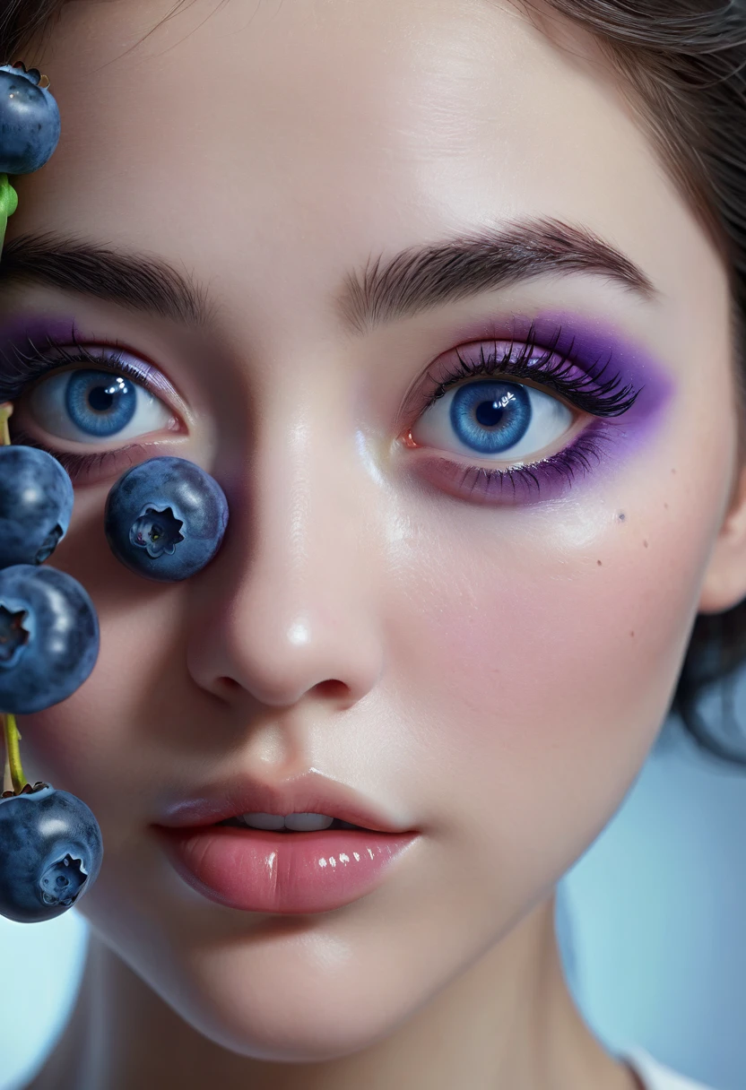 A female scientist with beautiful detailed eyes, beautiful detailed lips, extremely detailed eyes and face, long eyelashes, swelling into a large blueberry, body filled with blueberry juice, skin turning blue, powerful blueberry serum, mishap, (best quality,4k,8k,highres,masterpiece:1.2),ultra-detailed,(realistic,photorealistic,photo-realistic:1.37),cinematic lighting, vibrant colors, science fiction, hyper-detailed, intricate, surreal, fantastic, awe-inspiring