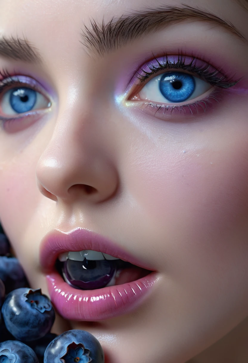 A female scientist with beautiful detailed eyes, beautiful detailed lips, extremely detailed eyes and face, long eyelashes, swelling into a large blueberry, body filled with blueberry juice, skin turning blue, powerful blueberry serum, mishap, (best quality,4k,8k,highres,masterpiece:1.2),ultra-detailed,(realistic,photorealistic,photo-realistic:1.37),cinematic lighting, vibrant colors, science fiction, hyper-detailed, intricate, surreal, fantastic, awe-inspiring