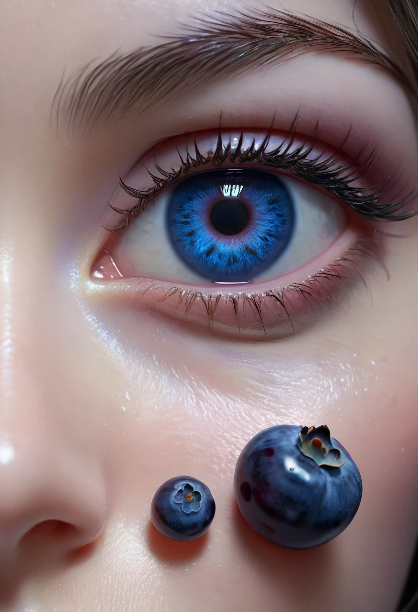 A female scientist with beautiful detailed eyes, beautiful detailed lips, extremely detailed eyes and face, long eyelashes, swelling into a large blueberry, body filled with blueberry juice, skin turning blue, powerful blueberry serum, mishap, (best quality,4k,8k,highres,masterpiece:1.2),ultra-detailed,(realistic,photorealistic,photo-realistic:1.37),cinematic lighting, vibrant colors, science fiction, hyper-detailed, intricate, surreal, fantastic, awe-inspiring