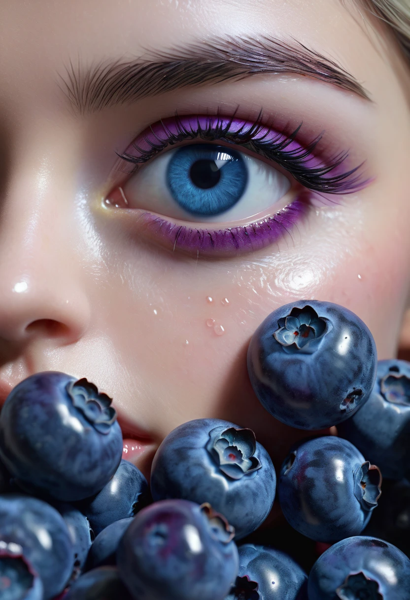 A female scientist with beautiful detailed eyes, beautiful detailed lips, extremely detailed eyes and face, long eyelashes, swelling into a large blueberry, body filled with blueberry juice, skin turning blue, powerful blueberry serum, mishap, (best quality,4k,8k,highres,masterpiece:1.2),ultra-detailed,(realistic,photorealistic,photo-realistic:1.37),cinematic lighting, vibrant colors, science fiction, hyper-detailed, intricate, surreal, fantastic, awe-inspiring