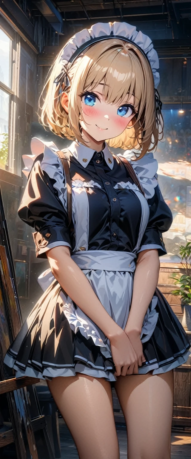(((One girl))), blond hair, bob cut, breasts, from front, (cowboy shot), (looking at viewer), (((maid:1.3))), headdress,  short dress, bare legs, arms between legs, face in focus, teenager, head tilt:1.3, (((blue eye))), ((smile)), ((blush)), (()), anime style, (best quality, 4k, 8k, highres, masterpiece:1.2, ultra-detailed, ultra-detailed eyes, HDR, UHD, studio lighting, ultra-fine painting, sharp focus, physically-based rendering, extreme detail description, professional, vivid colors, bokeh)