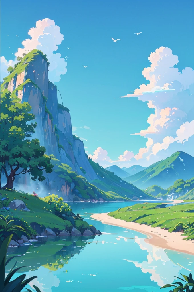 ((best quality,4K,8K,high resolution,masterpiece:1.2),Extremely detailed,(Practical,photoPractical,photo-Practical:1.37),Chinese style（Chinese style插画）Blue sky,White Cloud,birds in the distance,Sea,Great prospects,Vision,landscape,Waves,peaceful,peaceful,fresh air,peaceful的气氛,Endless Horizon,Vibrant colors,sky reflection on Sea surface,Lush greenery,The trees swayed,trunk,Mountains in the background,Magnificent beauty of nature,Land and sea,relaxing environment, Background only, Only the view,