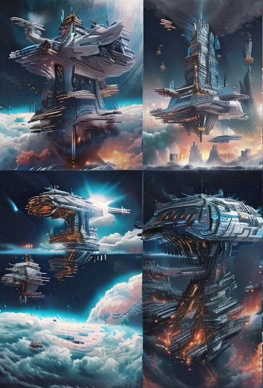 photorealistic landscape、Photographic landscape、8k、masterpiece、Seeing the Earth from Space、Huge space elevator、Space Station、Space Stationに停泊する宇宙船