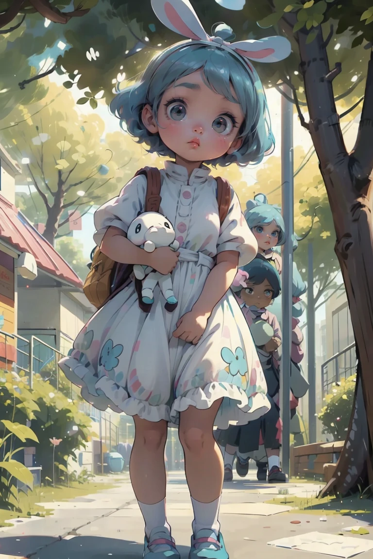 Girl, Big turquoise eyes, curious, shy, sweet face, dark skin, clips in her hair, She is a 10 year old girl with big turquoise curious eyes and white short hair, has a clip in her hair, wears a child's dress and white frilly children's socks and a bunny backpack. She is not a shy girl, clutching a little teddy tightly, hiding behind teddy. Background: Schoolyard, children playing, she stands apart, she is afraid of the other children
