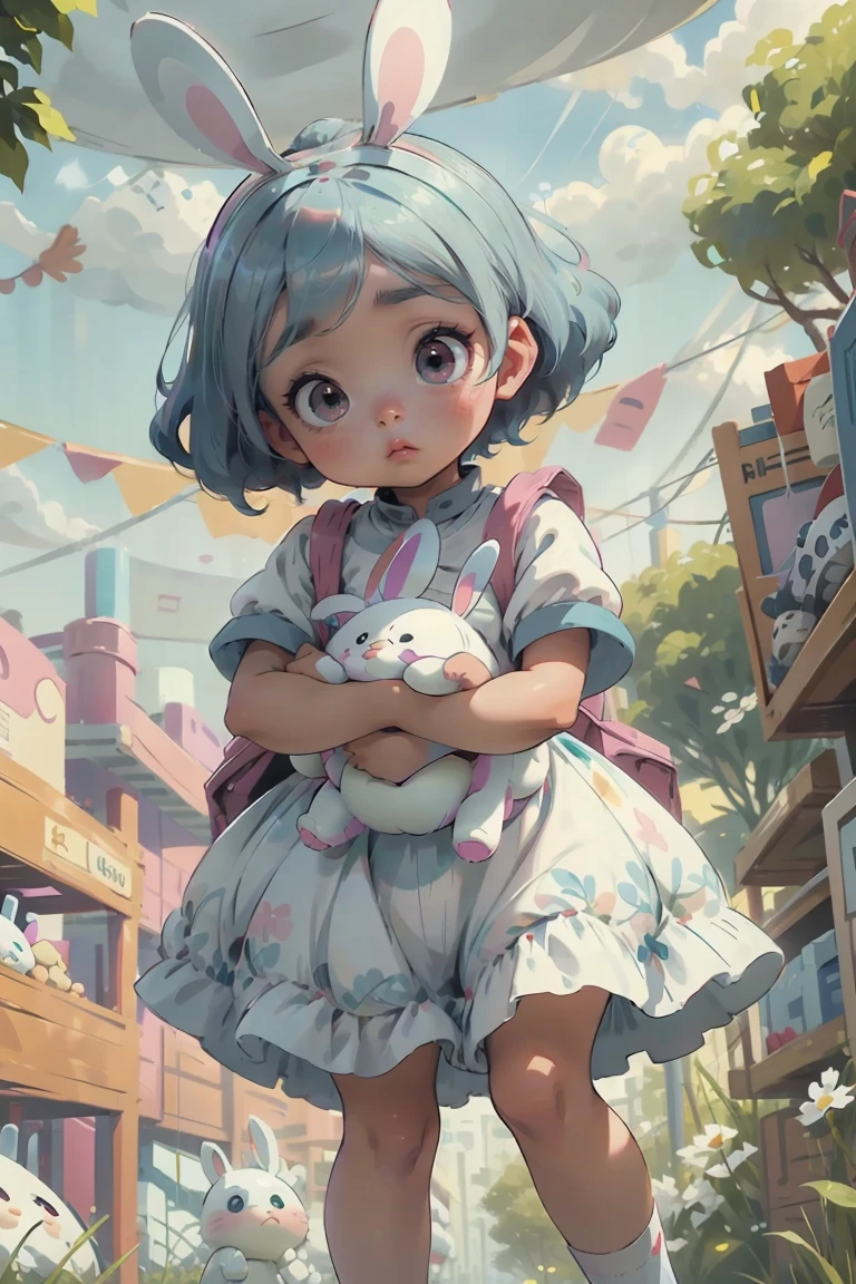 Girl, Big turquoise eyes, curious, shy, sweet face, dark skin, clips in her hair, She is a 10 year old girl with big turquoise curious eyes and white short hair, has a clip in her hair, wears a child's dress and white frilly children's socks and a bunny backpack. She is not a shy girl, clutching a little teddy tightly, hiding behind teddy. Background: Schoolyard, children playing, she stands apart, she is afraid of the other children