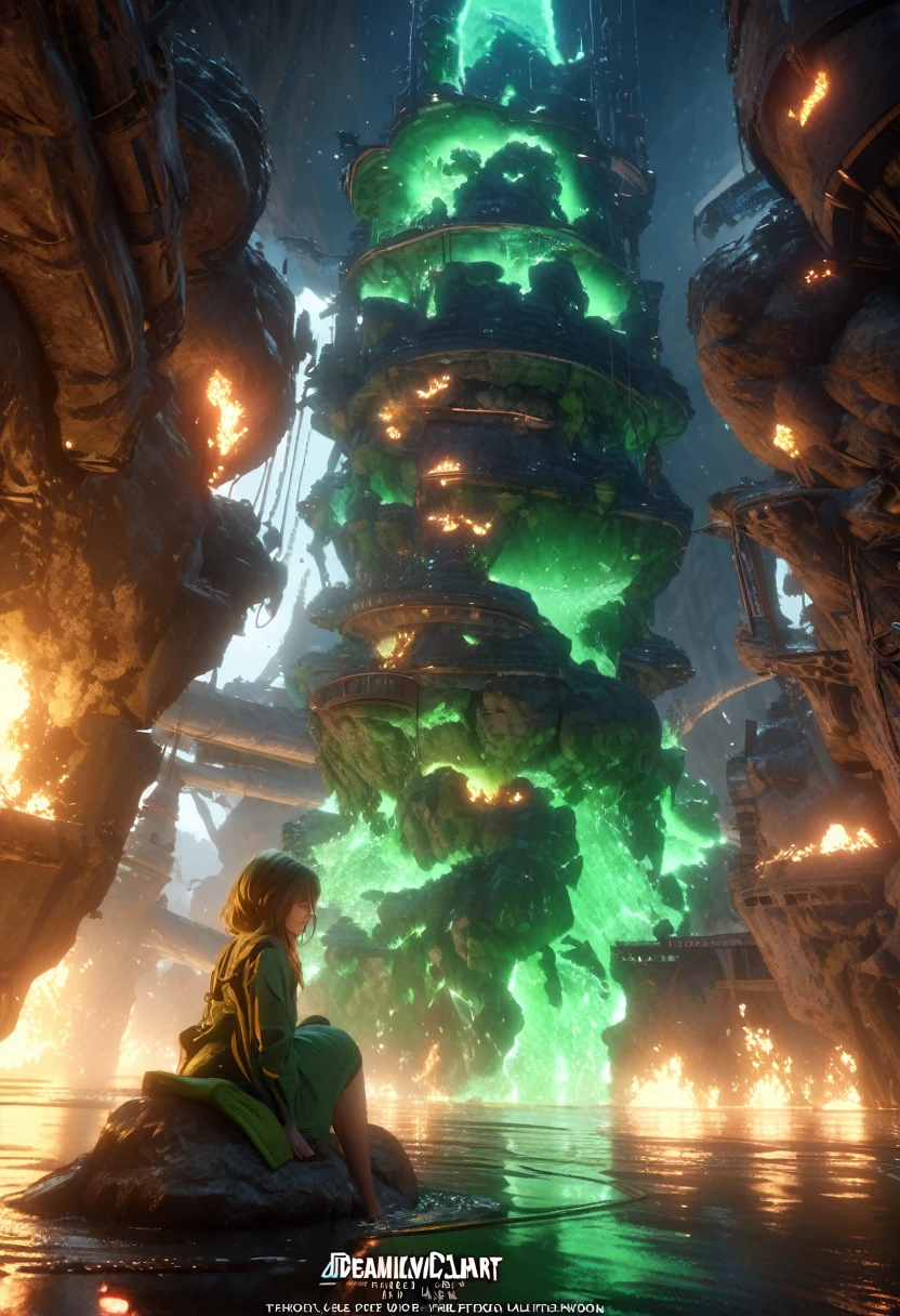 dreamlikeart, A girl, a researcher at a petrochemical plant, sits atop a tower made of glass. She stands in the middle of a big and muddy lake filled with phlogon. The water beneath shows a dramatic green-colored river running through it. There are burning ropes and stones, splashing water, sunken city below. It feels like home. Cinematic lighting, Cinematic Movie Photograph, Arri Alexa, Extremely Detailed, smooth, very very clean, 8K, octane render, maya render, unreal engine, trending on artstation, DSLR, excellent composition, center frame