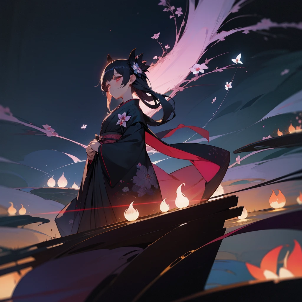 god々、Japanese clothing、woman、Floral、night、Best image quality、black、black世界、Phalaenopsis orchid、Fantasy、Landscape painting、like、like憎