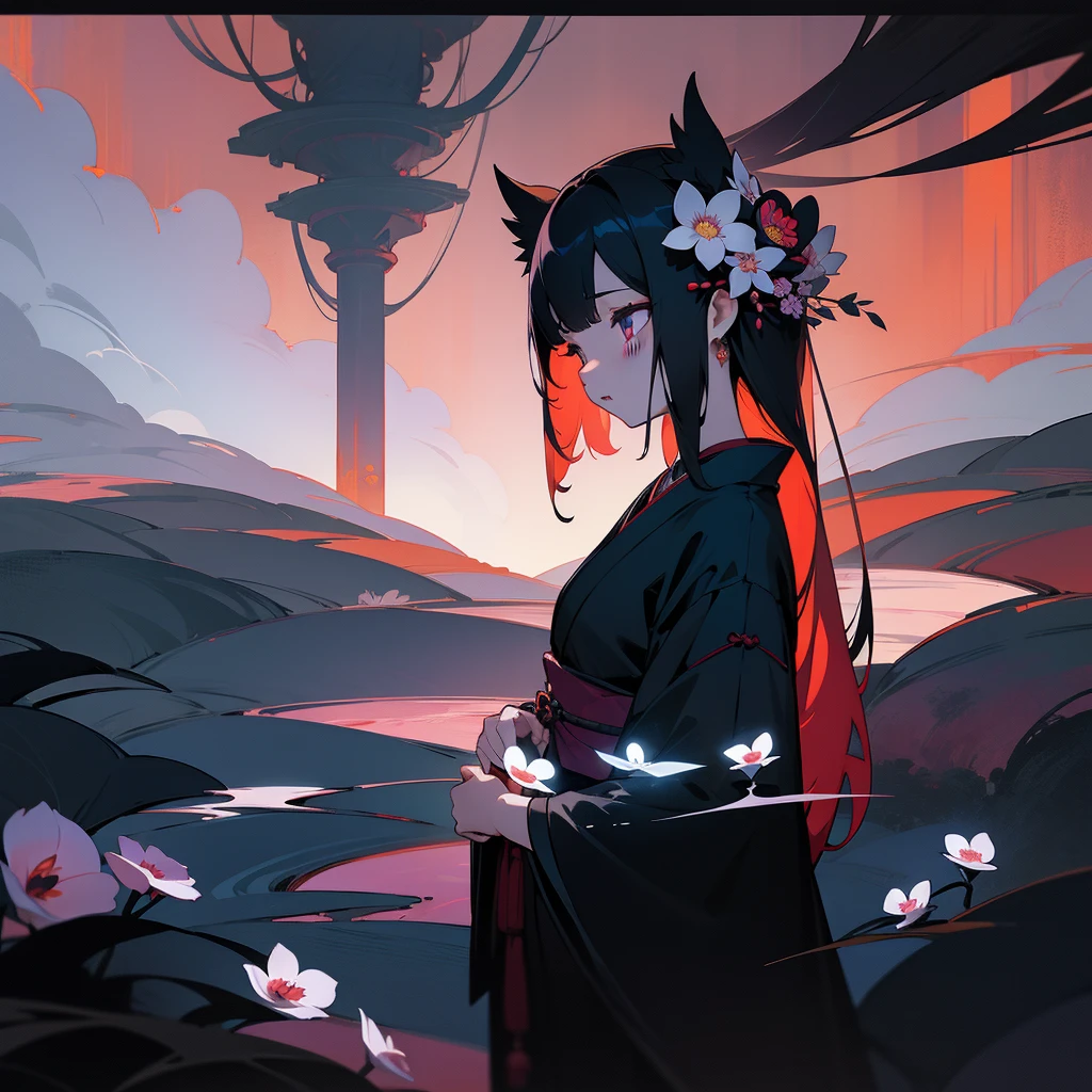 god々、Japanese clothing、woman、Floral、night、Best image quality、black、black世界、Phalaenopsis orchid、Fantasy、Landscape painting、like、like憎