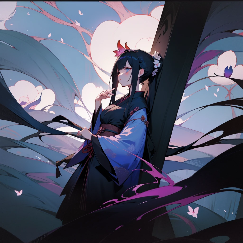 god々、Japanese clothing、woman、Floral、night、Best image quality、black、black世界、Phalaenopsis orchid、Fantasy、Landscape painting、like、like憎
