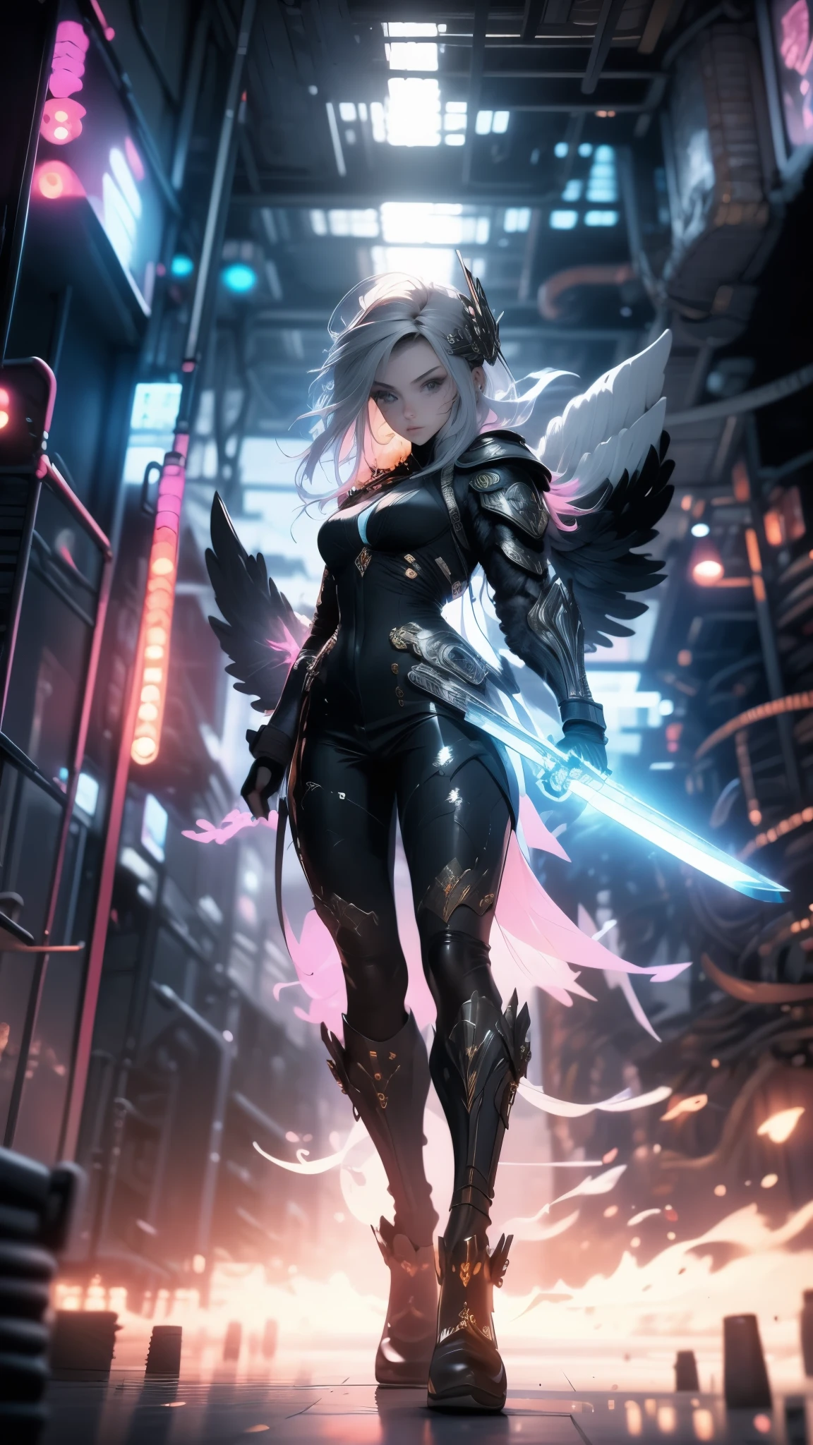 3D impressionist illustration, Fisheye lens effect image, Masterpiece, Low Contrast, A Russian girl in her early 20s with ash grey hair, Fallen Angel, Black Angel, Ultra-near-future protectors, Full body portrait, Uplifting, A brave sword-wielding man, Uplifting, High Contrast, A futuristic city in the background, Gorgeous, A night view smattering with brilliant colors, 