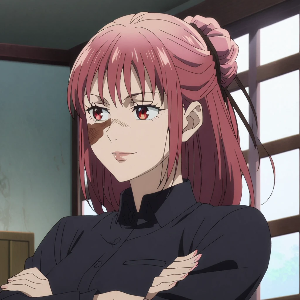 1girl, female sukuni, anime screencap from jujutsu kaisen, sukuna female version, solo, long_hair, red eyes, ((pink_hair)), window, breasts, upper_body, smile, indoors, book, bangs, blue_eyes, lips, (marks on face) , ((her hairstyle : The character in the image has long straight pink hair)) wearing black colour collared outfit, breast, "very detailed and high resolution" (red eyes) ((cross arms)) 