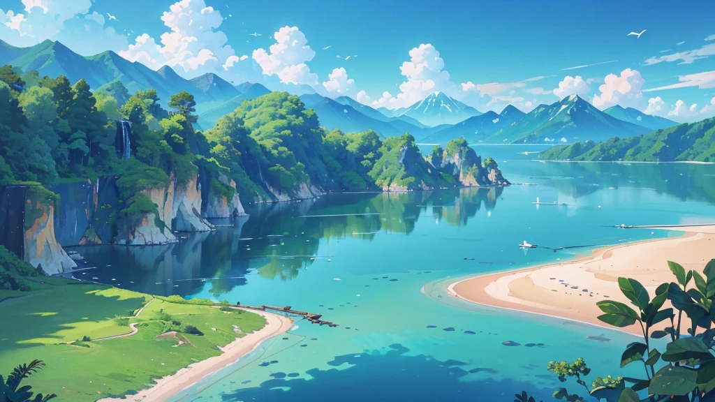 ((best quality,4K,8K,high resolution,masterpiece:1.2),Extremely detailed,(Practical,photoPractical,photo-Practical:1.37),Chinese style(Chinese style插画)Blue sky,White Cloud,birds in the distance,Sea,Great prospects,Vision,landscape,Waves,peaceful,peaceful,fresh air,peaceful的气氛,Endless Horizon,Vibrant colors,sky reflection on Sea surface,Lush greenery,The trees swayed,trunk,Mountains in the background,Magnificent beauty of nature,Land and sea,relaxing environment, Background only, Only the view,