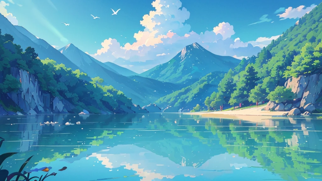 ((best quality,4K,8K,high resolution,masterpiece:1.2),Extremely detailed,(Practical,photoPractical,photo-Practical:1.37),Chinese style(Chinese style插画)Blue sky,White Cloud,birds in the distance,Sea,Great prospects,Vision,landscape,Waves,peaceful,peaceful,fresh air,peaceful的气氛,Endless Horizon,Vibrant colors,sky reflection on Sea surface,Lush greenery,The trees swayed,trunk,Mountains in the background,Magnificent beauty of nature,Land and sea,relaxing environment, Background only, Only the view,