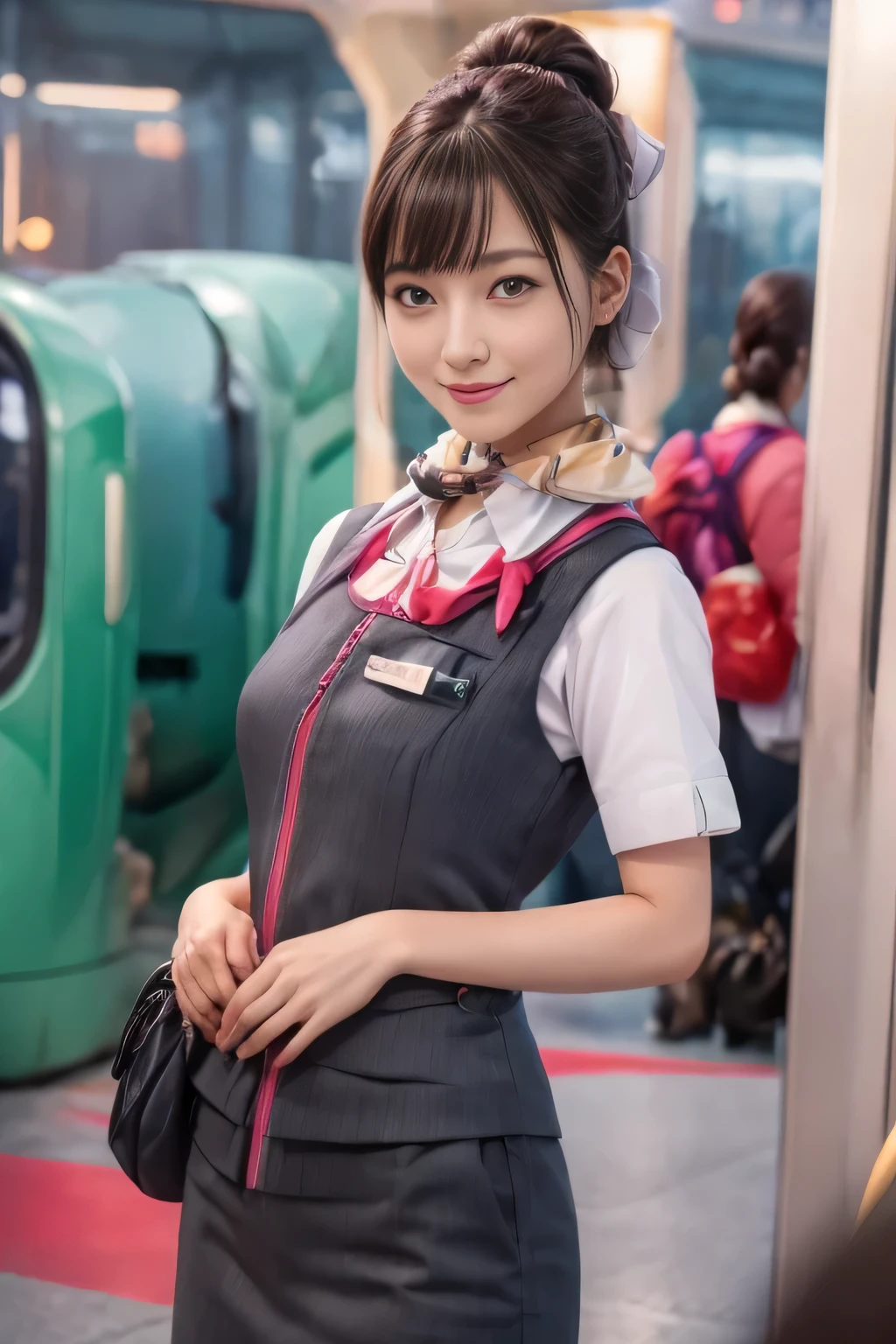 (masterpiece:1.2, Highest quality:1.2), 32k HDR, High resolution, (alone、One girl)、(At the station platform、Professional Lighting)、Empty train station platform background、(Realistic style of JR Gran Class crew uniform)、Short sleeve blouse、a scarf around the neck、(JR Gran Class flight attendant uniform with pink parts on the skirt sleeves)、(The uniform of a flight attendant in JR Gran Class has a pink line on the front zipper of the vest.)、Dark brown hair、(Chignon、Hair tied up)、Dark brown hair、Long Shot、Big Breasts、((Great hands:2.0)),((Harmonious body proportions:1.5)),((Normal limbs:2.0)),((Normal finger:2.0)),((Delicate eyes:2.0)),((Normal eyes:2.0)))、Big Breasts、Luxury Necklace、smile、Beautiful standing posture,Place your hands around your stomach