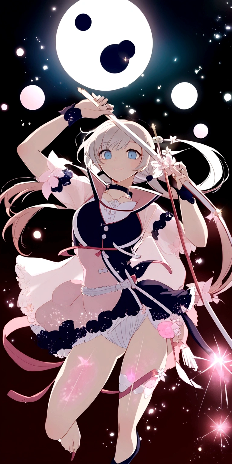 Anime-style female, (long white hair:1.2), (gentle expression:1.1), blue eyes, (pink sparkles effect around body:1.3), sunlight reflecting, clear sky, subtle Sakura petals around the body, high-resolution digital art, soft color palette, tranquil atmosphere.
