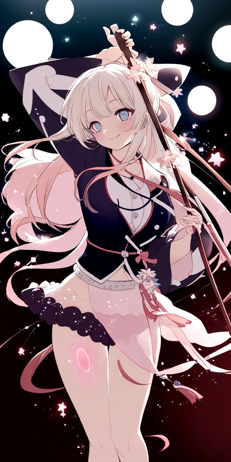 Anime-style female, (long white hair:1.2), (gentle expression:1.1), blue eyes, (pink sparkles effect around body:1.3), sunlight reflecting, clear sky, subtle Sakura petals around the body, high-resolution digital art, soft color palette, tranquil atmosphere.