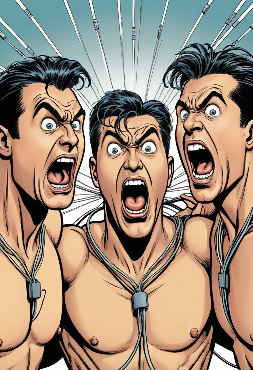 cartoon strip comic image of topless clothed group of three men screaming eyes wide open,mouth wide open and their scalp open and cerebrum is showing with wires leading to a big top hand