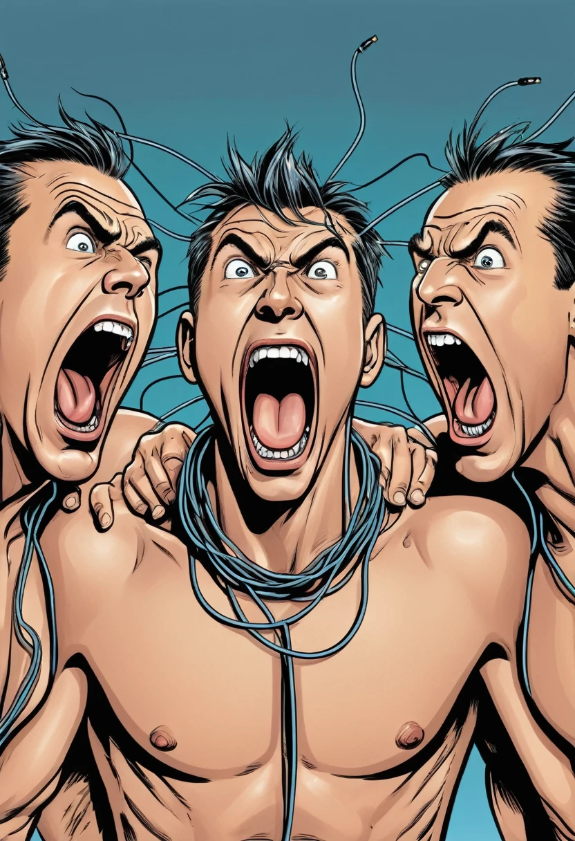 cartoon strip comic image of topless clothed group of three men screaming eyes wide open,mouth wide open and their scalp open and cerebrum is showing with wires leading to a big top hand