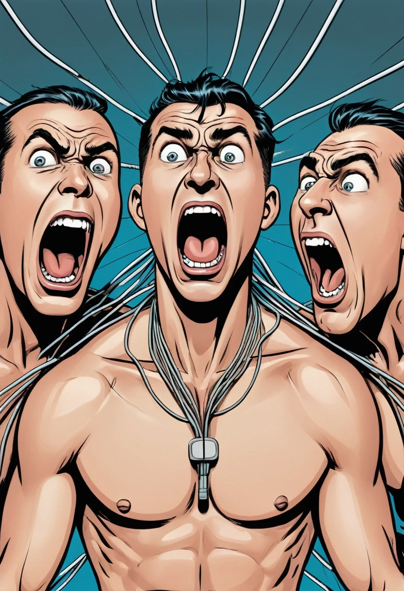 cartoon strip comic image of topless clothed group of three men screaming eyes wide open,mouth wide open and their scalp open and cerebrum is showing with wires leading to a big top hand