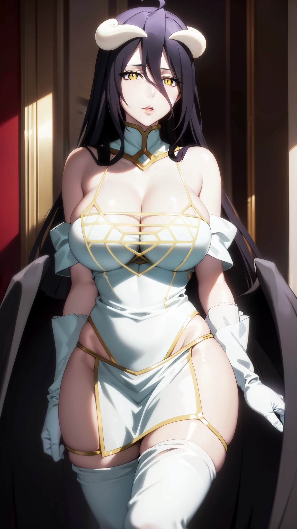 (masterpiece:1.6, best quality:1.4, real picture:1.2, intricate details:1.2), Albedo, 1girl, dark hair, red eyes, big lips, lip gloss, long hair, medium breasts, bare shoulders, hourglass figure, (narrow waist), thick thighs, thick ass, defined stomach, sexy pouty lips, cleavage, vampire girl, white latex micro bikini, sexy thight micro panties, detailed face and eyes, black pantyhose, black gloves, seductive pose, royal room.