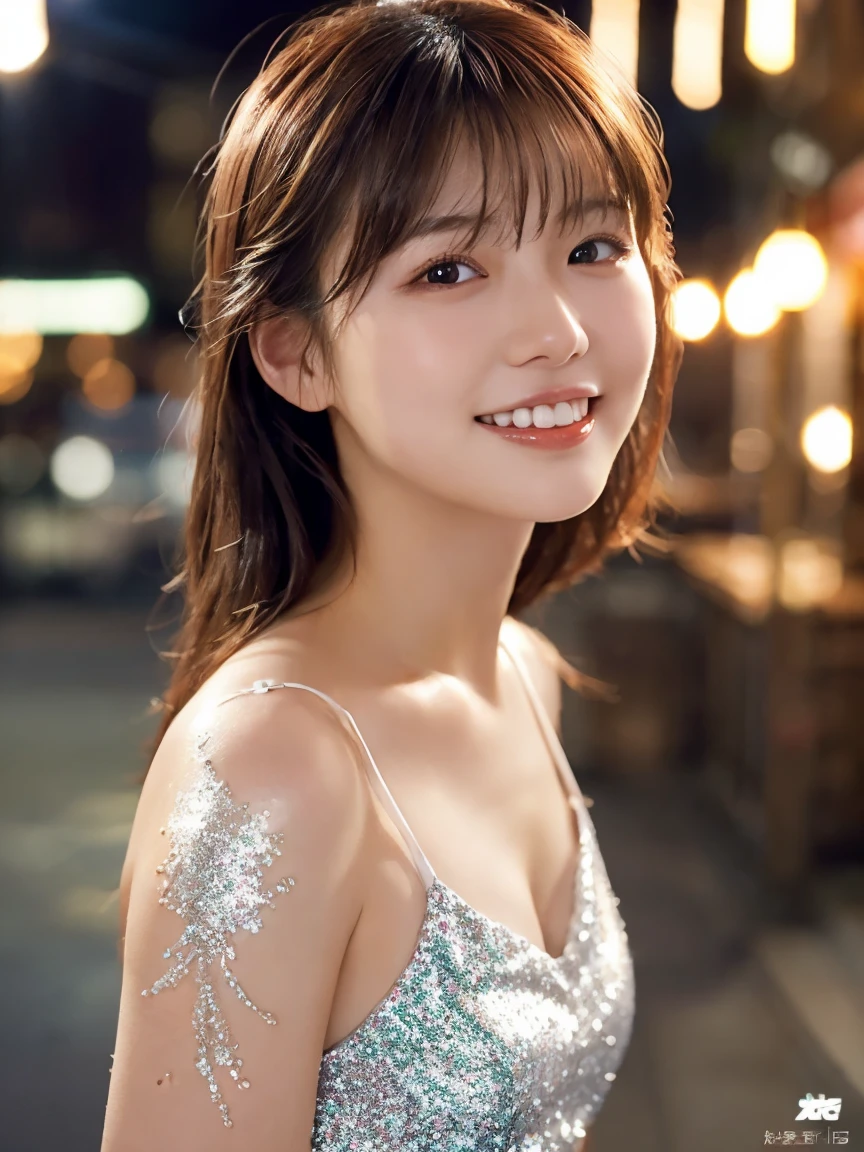 1 Girl, (Wearing a white glitter dress:1.2), (RAW Photos, Highest quality), (Realistic, Photorealistic:1.4), Tabletop, Very delicate and beautiful, Very detailed, 2k wallpaper, wonderful, finely, Very detailed CG Unity 8K 壁紙, Very detailedな, High resolution, Soft Light, Beautiful detailed girl, Very detailed目と顔, Beautiful and detailed nose, finelyて美しい目, Cinema Lighting, City lights at night, Perfect Anatomy, Slender body, smile